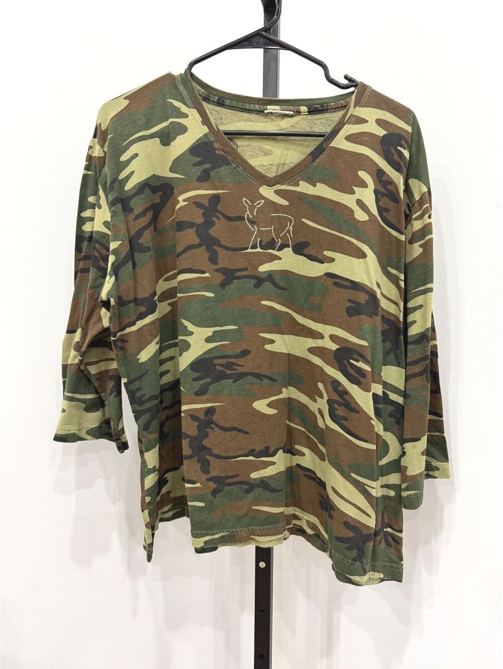 Camouflage V-Neck Long Sleeve Shirt with Deer Design